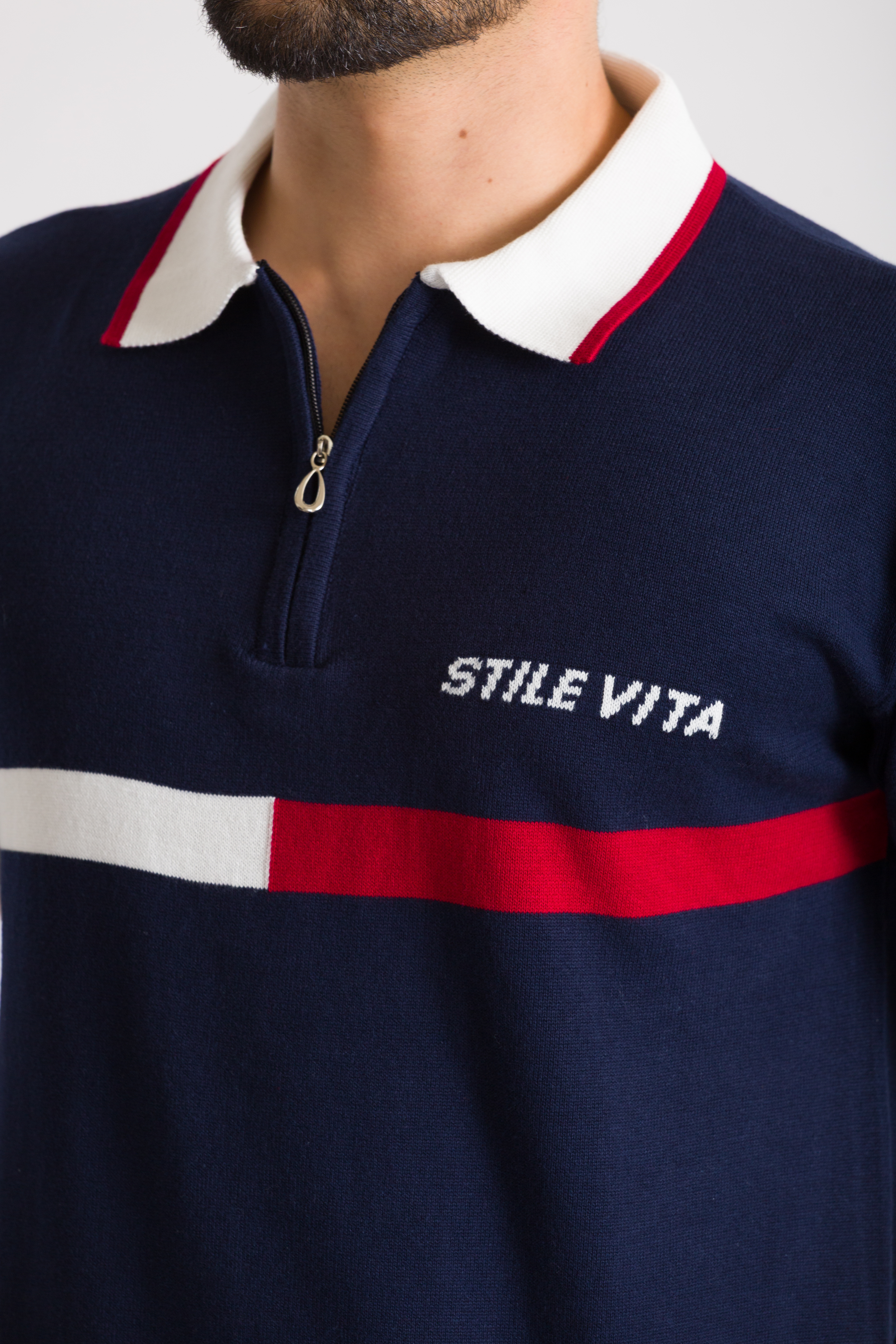 Knitted Navy Blue (Red & White Stripes) Polo T-Shirt